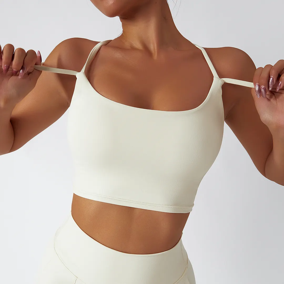Hergymclothing Cream Apricot sustainable recycled material criss cross thin straps breathable sports bra online shopping
