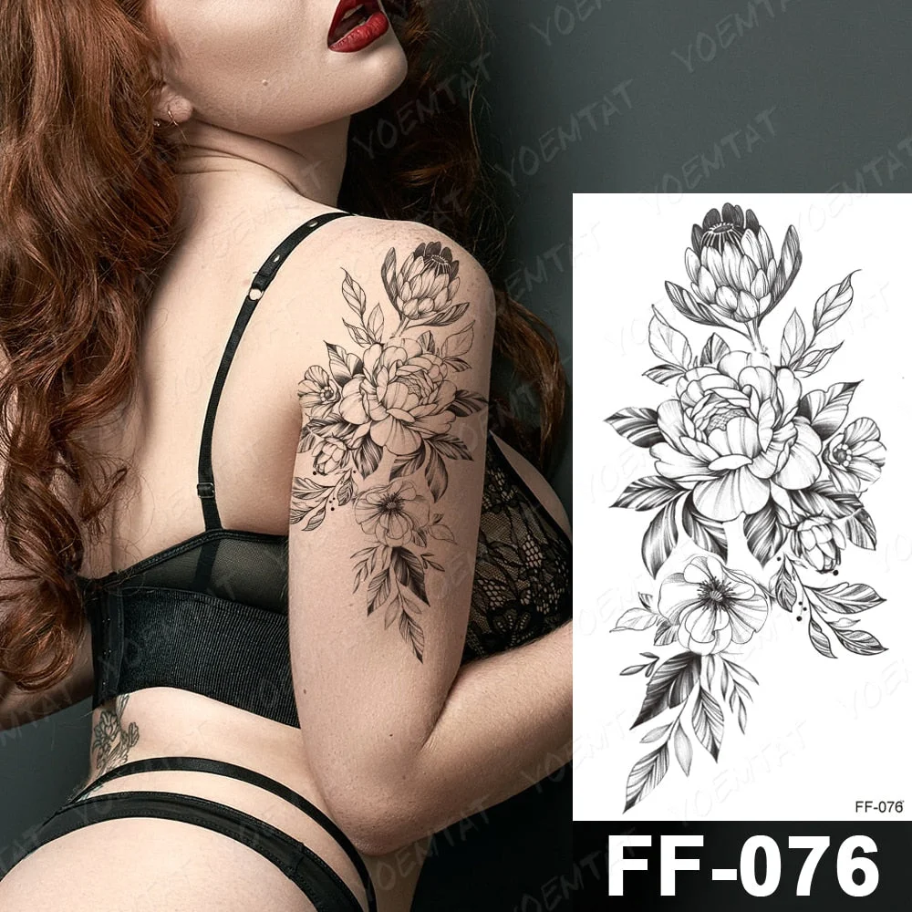 Waterproof Temporary Tattoo Stickers Peony Rose Flower Gun Flash Tattoos Female Black Sketch Body Art Arm Sexy Fake Tatto Male