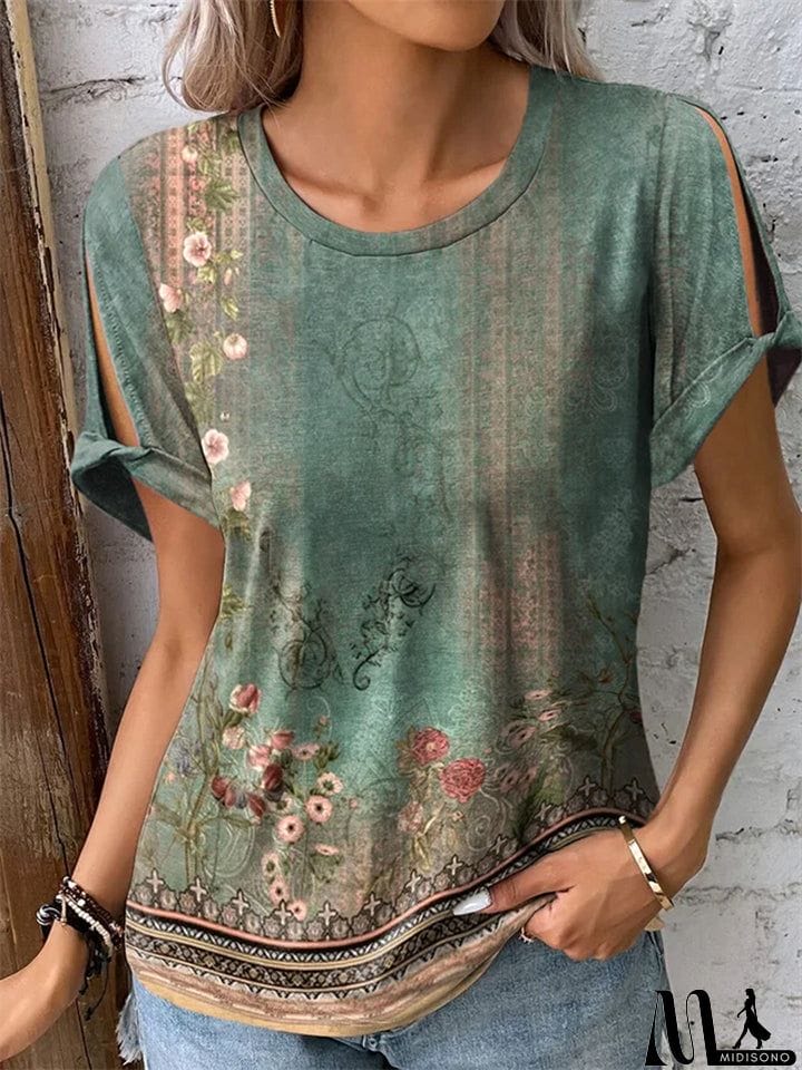 MidiSono - Women's Floral Printed Short-sleeved Ethnic Style Shirts