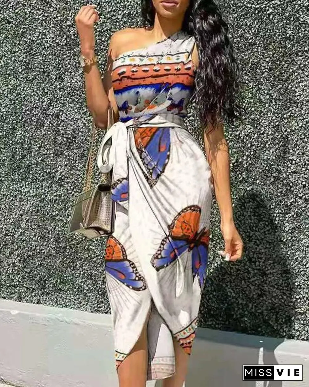 Butterfly Print Oblique Shoulder Irregular Dress