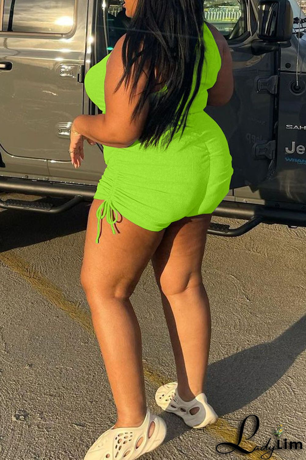 Fluorescent Green Casual Solid Split Joint O Neck Plus Size Two Pieces