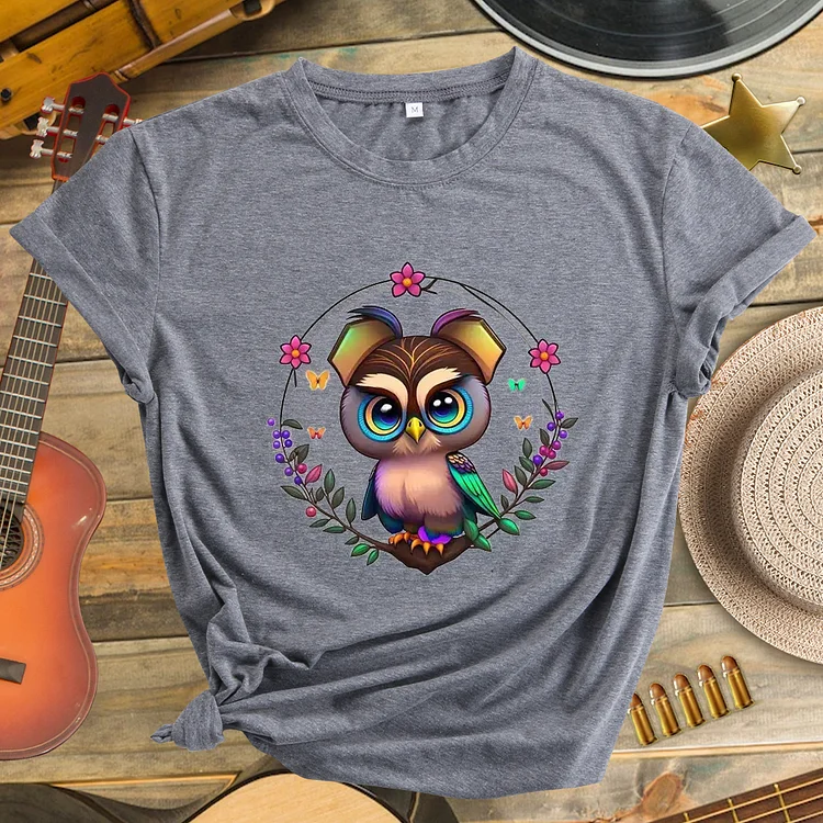 Colorful Cute Owl Pattern Neck T-shirt-Annaletters