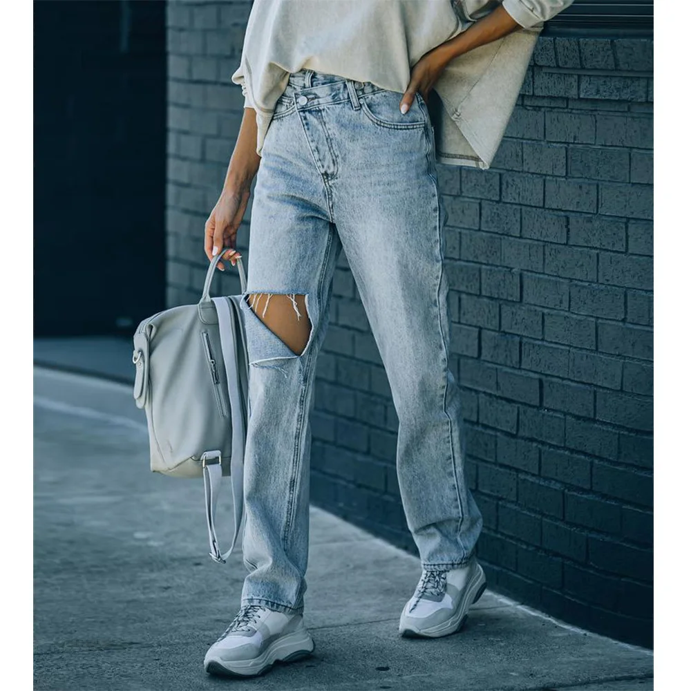 Versatile irregular ripped ripped casual denim trousers