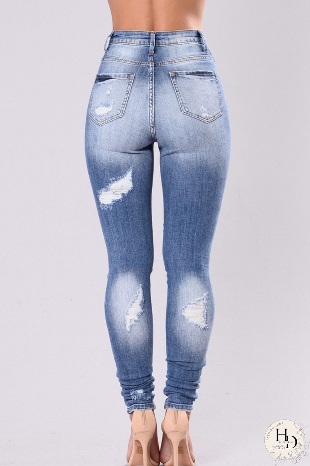 Dark Blue Denim Zipper Fly High Hole Old Zippered pencil Pants Bottoms