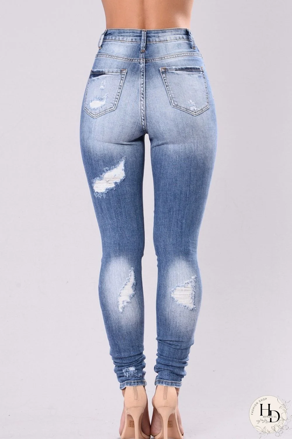 Dark Blue Denim Zipper Fly High Hole Old Zippered pencil Pants Bottoms