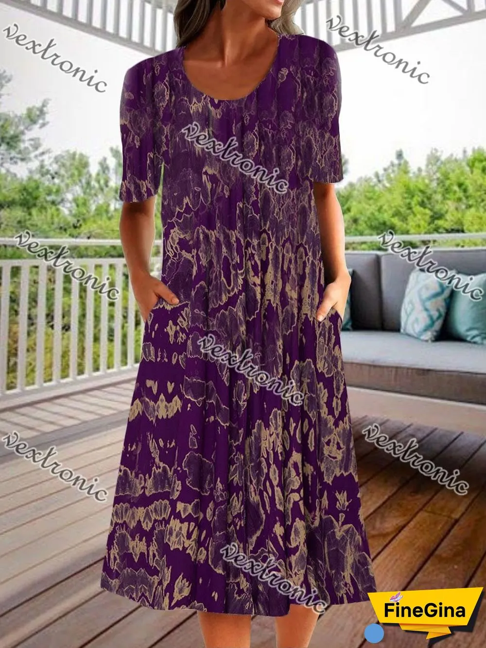 Women's Stylish Floral Print Short Sleeves Round Neck Pockets MIDI Dress