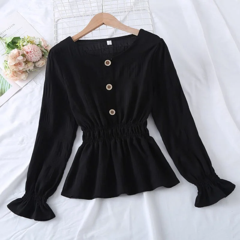 Elegant Style Tunic White Shirt Women Ruffles Puff Sleeve Top Solid Color Chiffon Ladies Blouse Casual 2021 Korean Fashion