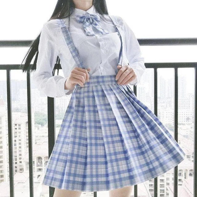 [Taro Ice Cream] White Blouse +High Waist Pleated Plaid Skirts JK School Uniform SS0832