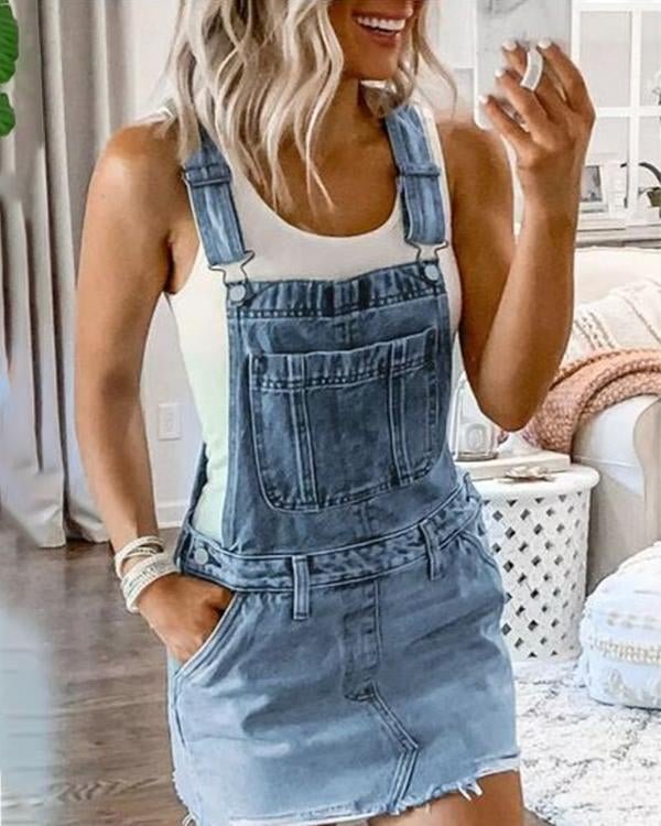 Frayed Hem Pocket Denim Overall Mini Dress