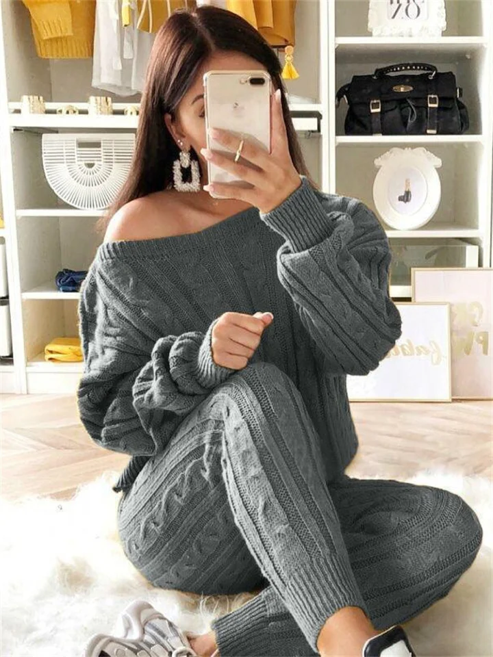 Women's Sweater Set Jumper Cable Knit Solid Color Crew Neck Stylish Casual Outdoor Home Winter Fall Black Blue S M L-Cosfine