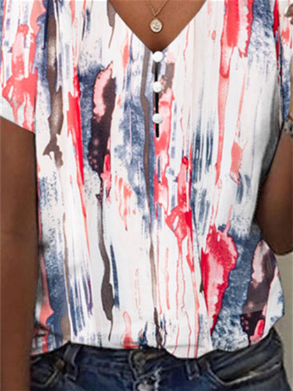 Women's Colorblock Printed Hollow Short Sleeve V-neck Top