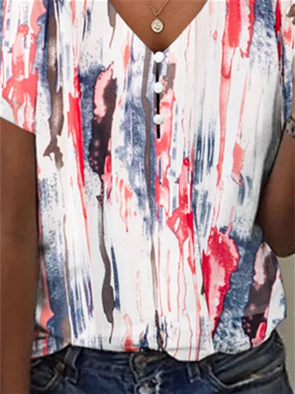 Women's Colorblock Printed Hollow Short Sleeve V-neck Top