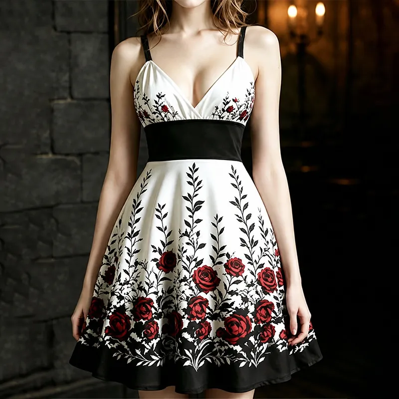 Women's Gothic Halloween Style Rose Strap Mini Dress artswardrobe