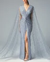 Sequined Silver Dots Plunging Powder Blue Tulle Evening Dress
