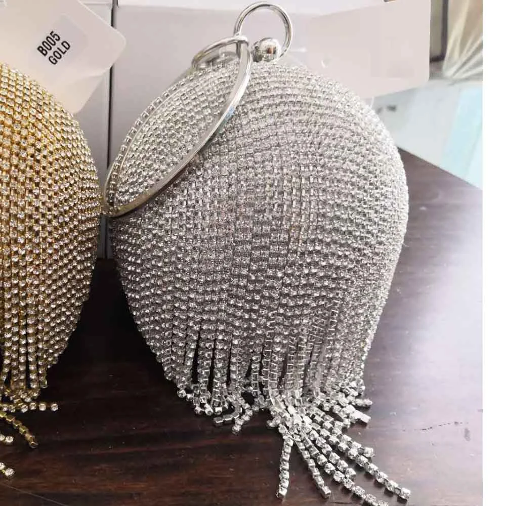 Bowling Design Pearl Clutch Bag circular ring Wristlets Bag Women Party Evening Bag Crystal tassels Ball Female wallet XQ-15