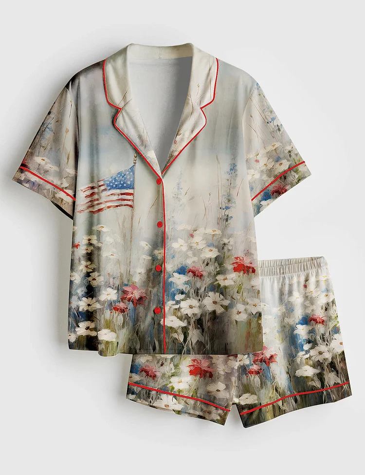 Women&rsquo;s Patriotic American Flag 4th of July Flower Art Print Short Sleeve Satin Pajama Set