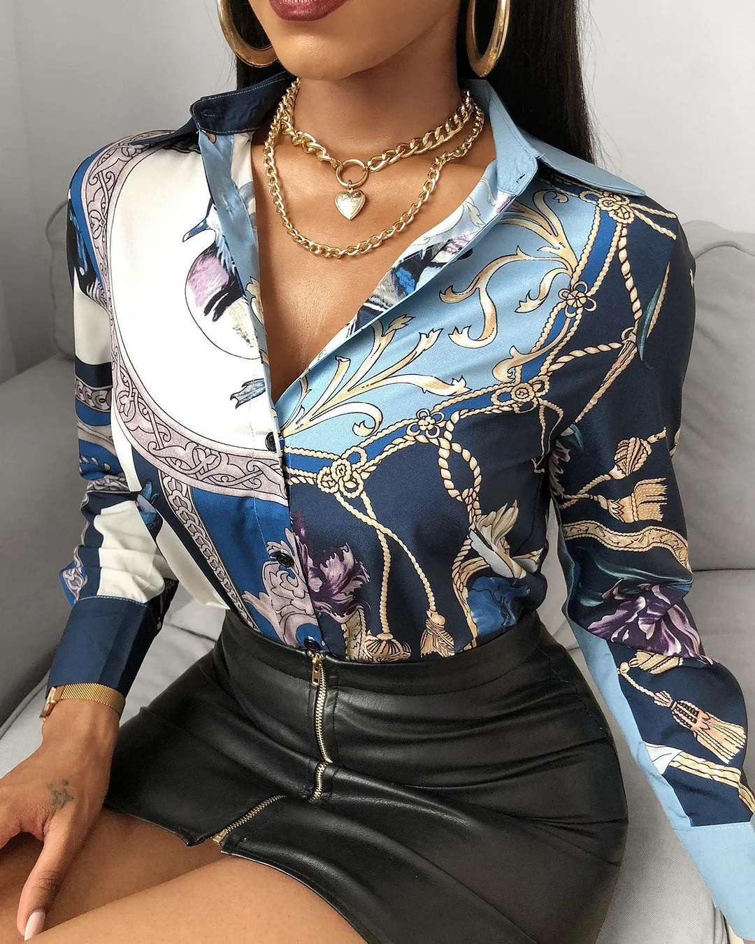 Bird Scarf Print Long Sleeve Shirt for Women