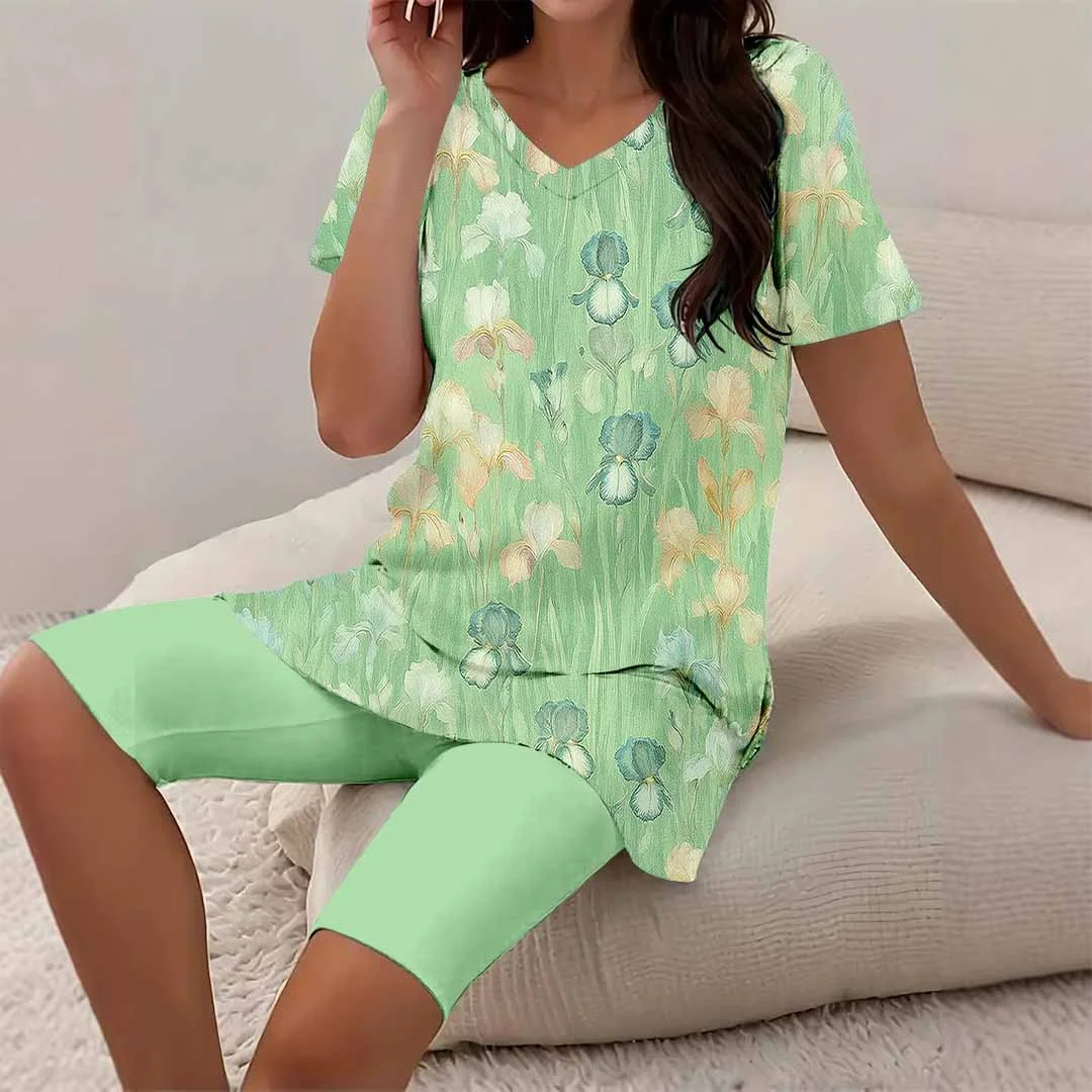 Women Floral, Green, Yellow DZCJ0591 Short Sleeve Tops and Shorts Plus Size