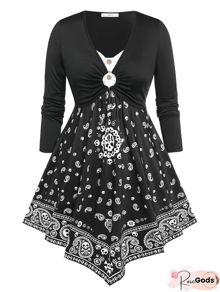 Women Gothic Dress Plus Size Paisley Print O Ring Irregular Dress Long Sleeves Midi Fashion Halloween Casual Dress Femme