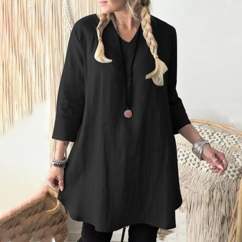 ZANZEA Women Elegant Blouse Summer V Neck 3/4 Sleeve Solid Tops Tunic Casual Cotton Linen Work Blusas Femininas Shirt Oversized