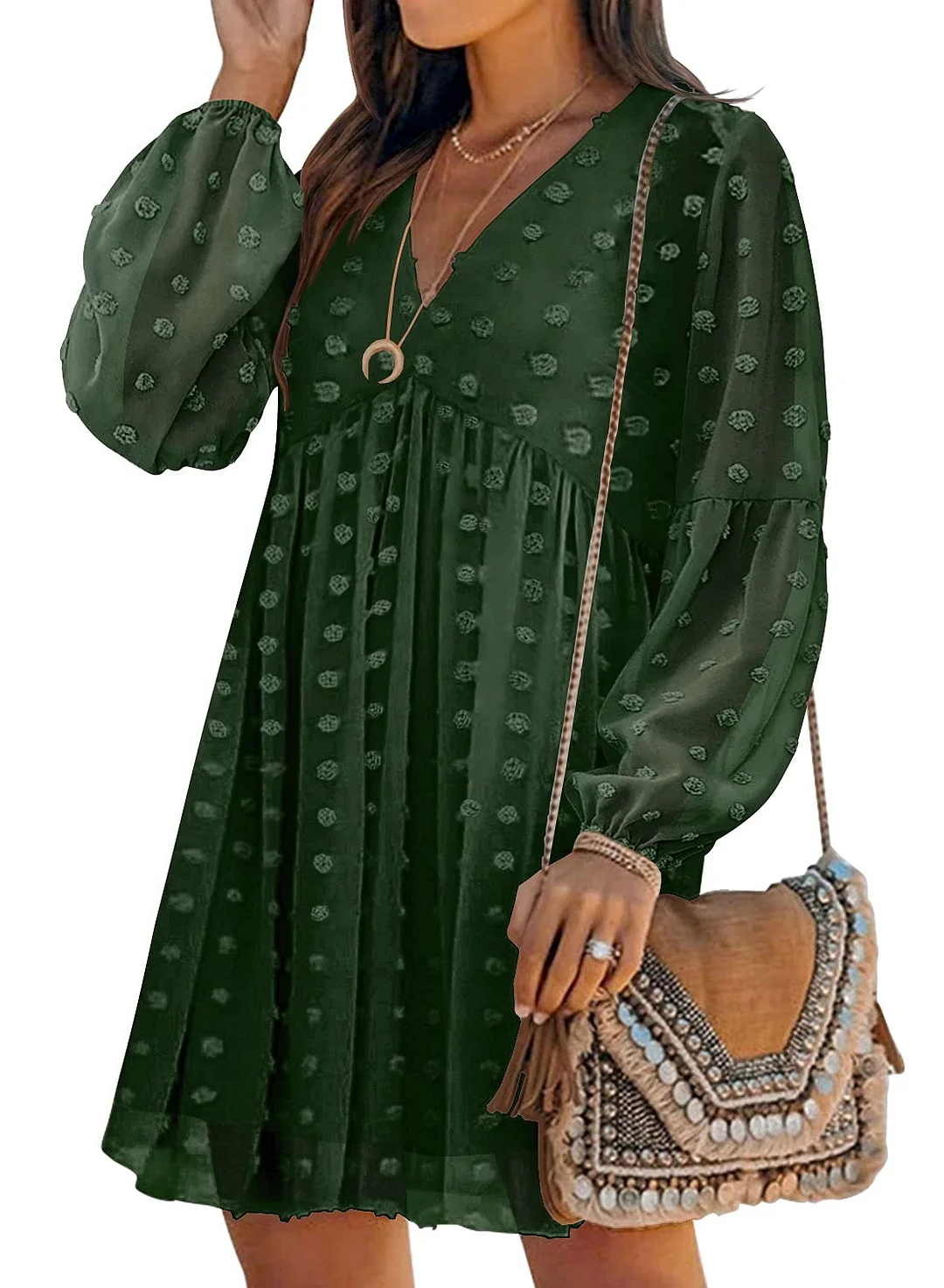 MIHOLL Women's V Neck Short Sleeve Ruffle Loose Summer Flowy Mini Dress