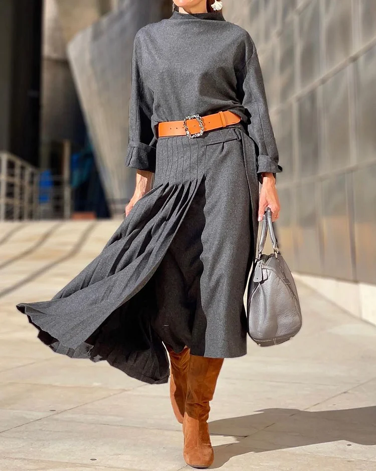 Round Neck Long Sleeve Top Pleated Skirt Two-Piece Set Excluding Belt