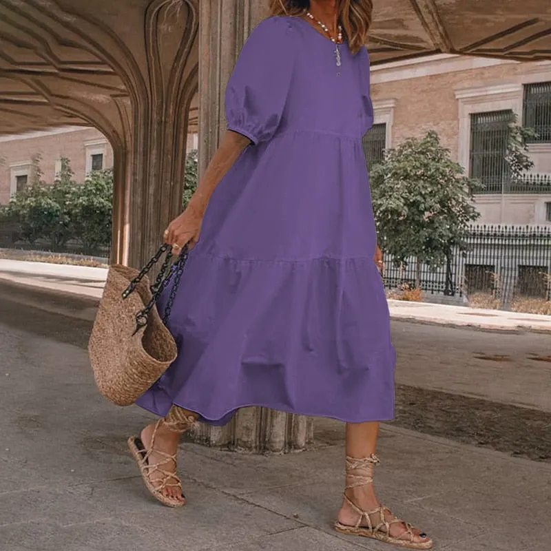 VONDA Women Summer Midi Dress Ladies Sexy Lantern Sleeve Beach Sundress 2022 Fashion Ruffled Casual Solid Bohemian Vestidos Robe