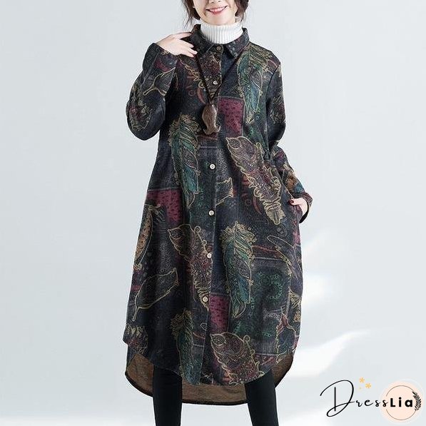 omychic plus size cotton wool vintage for women casual loose autumn winter shirt dress