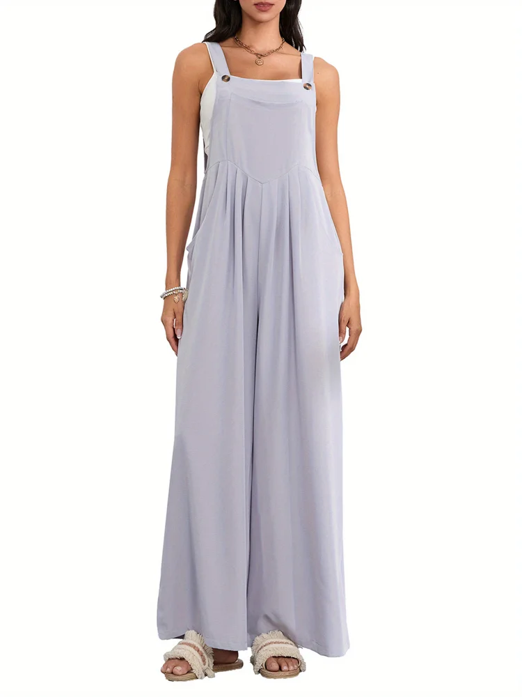 Women's Teal Sleeveless Wide-Leg Jumpsuit With Button Straps & Belt - Casual Overalls, High-Waisted Design, Pockets, Lightweight Polyester For Spring/Summer/Fall, High Waisted Jumpsuit