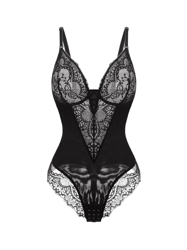 Deep-V Neck Lace Thong Bodysuit