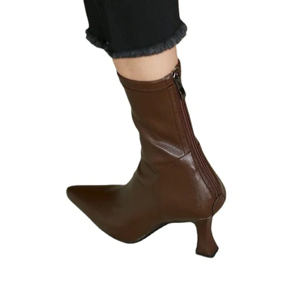 Yyvonne New High-Hees Temperament Thin Boots Fine And Simple Elastic Boots Korean Version Of The Low Barrel Zipper Pointed Short Boots Woman