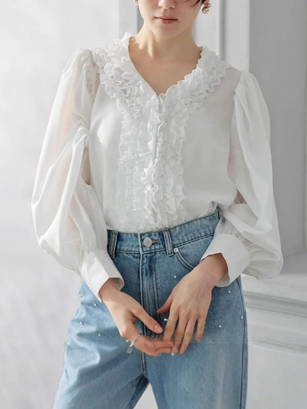 Puffy Sleeve Ruffle Lace Trim V Neck Blouses