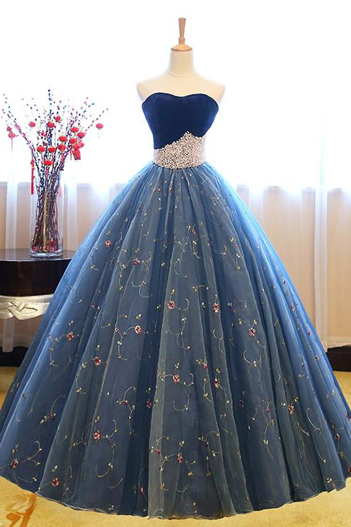 Daisda Royal Blue Sweetheart Ball Grown Evening Dress Pearl With ...
