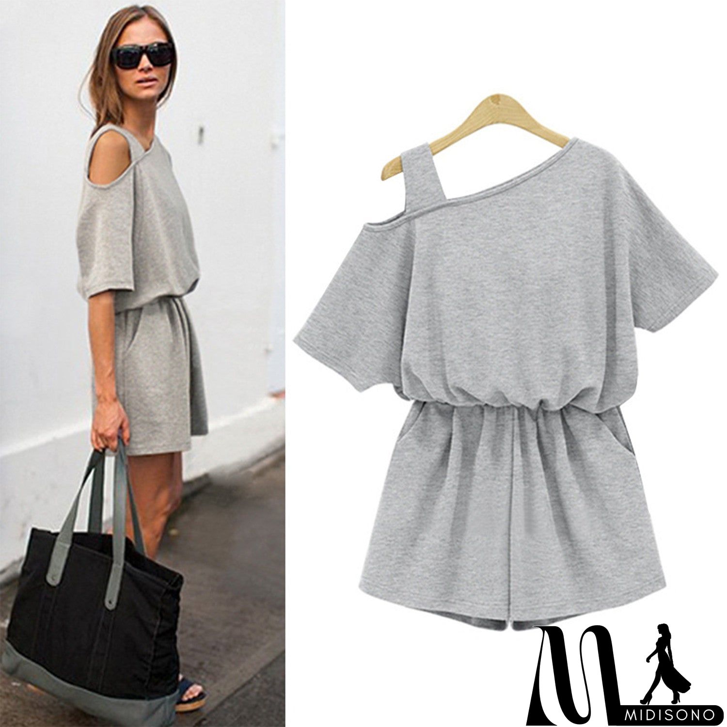 MidiSono - off One Shoulder Short Sleeve Solid Romper