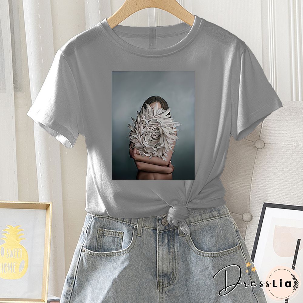 Summer Casual Women T-shirt 100% Cotton Short Sleeve Flower Photo Print Female Graphic Vintage T Shirt Ladies Round Neck Tee Top