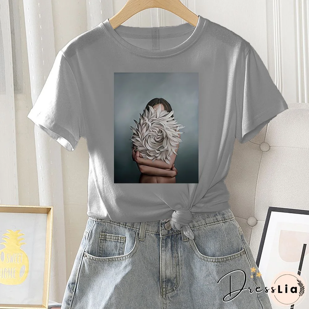 Summer Casual Women T-shirt 100% Cotton Short Sleeve Flower Photo Print Female Graphic Vintage T Shirt Ladies Round Neck Tee Top