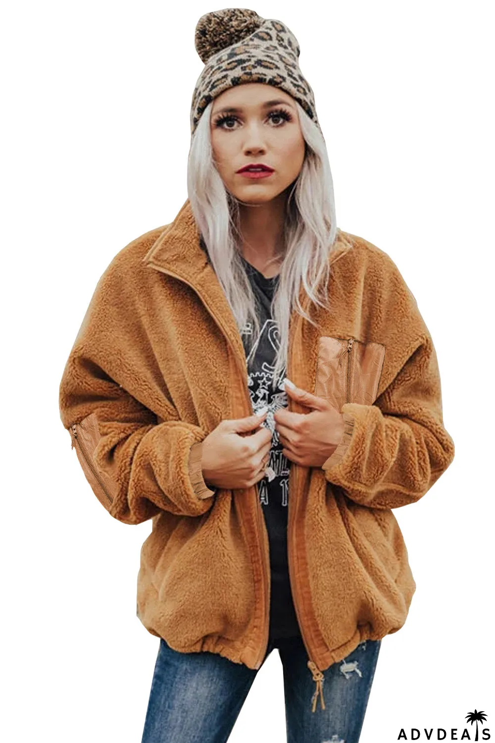 Zip Up Sherpa Coat With Pocket