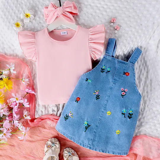 【9M-3Y】3-piece Baby Girl Sweet Pink Ruffle Top And Floral Embroidered Denim Strap Skirt Set With Hairband