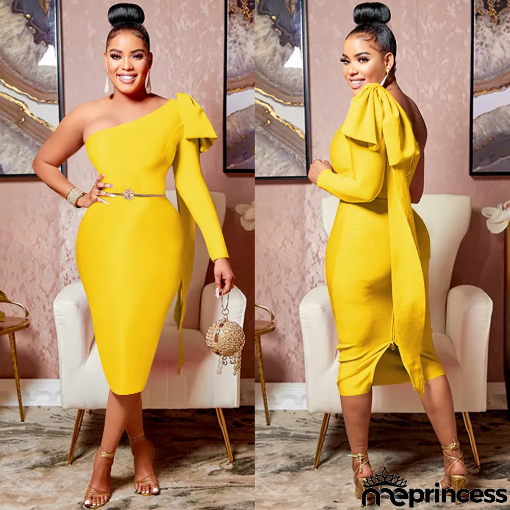 Elegant Solid One Shoulder Bow-knot Split Midi Dress