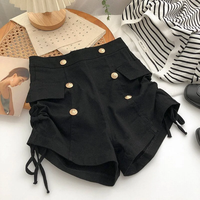 High Waist short Pants Women&#39;s Summer Double Breasted Metal Decoration Fake Pocket High Street Casual Drawstring A-shaped Pants