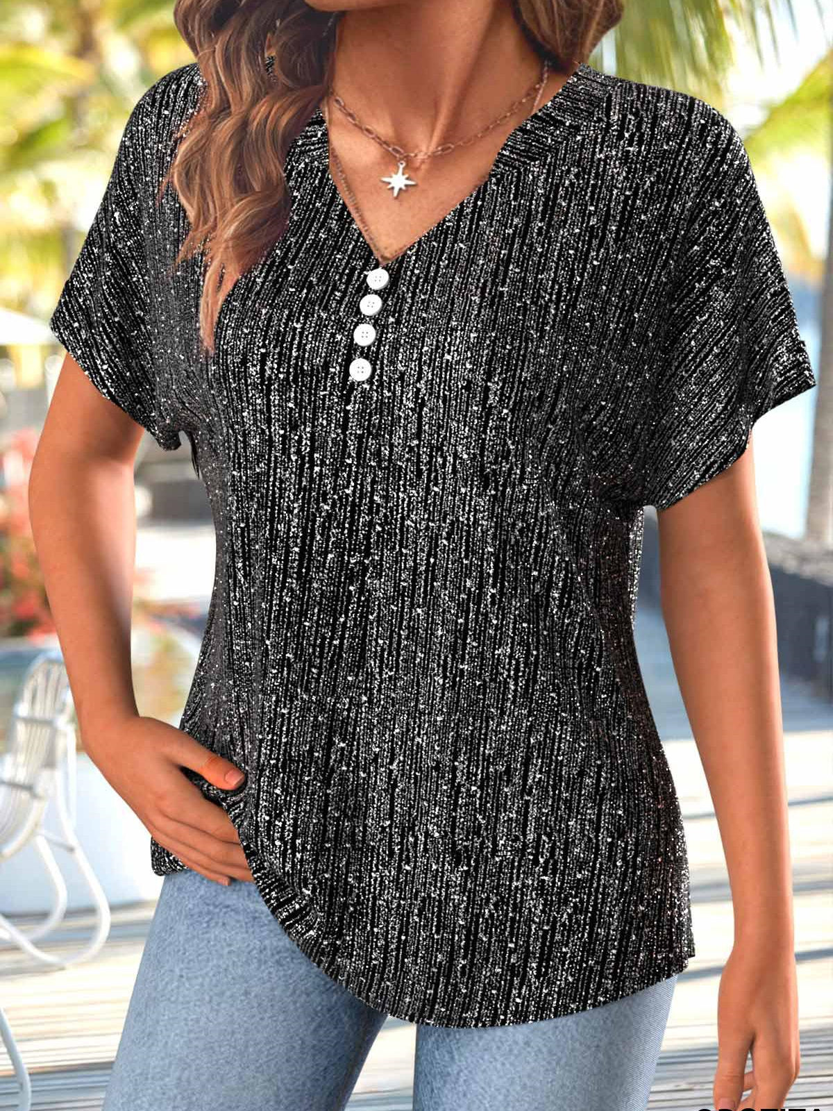Women Short Sleeve V-neck Printed Graphic Button Tops