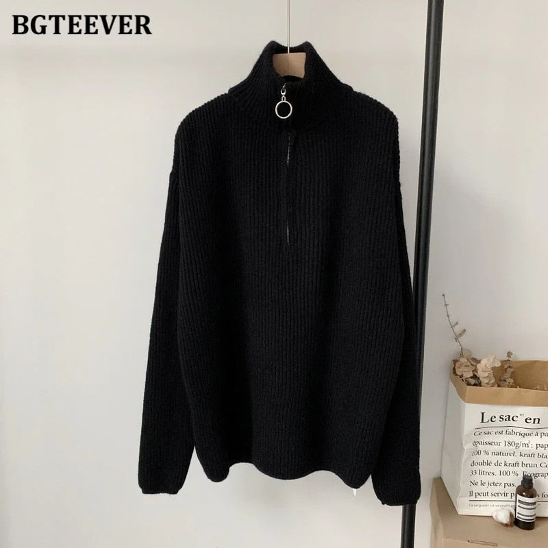 BGTEEVER Thick Turtleneck Zippers Women Sweaters Jumpers for Women 2021 Autumn Winter Loose Full Sleeve Female Knitted Pullovers