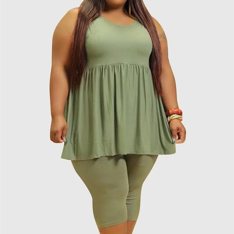 Women Plus Size Solid Color Crew Neck Sleeveless Short Sets