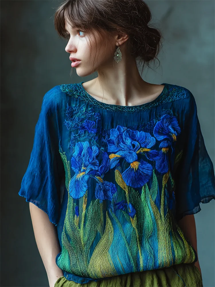 Oil Painting Irises Embroidered Flowy Linen Tunic