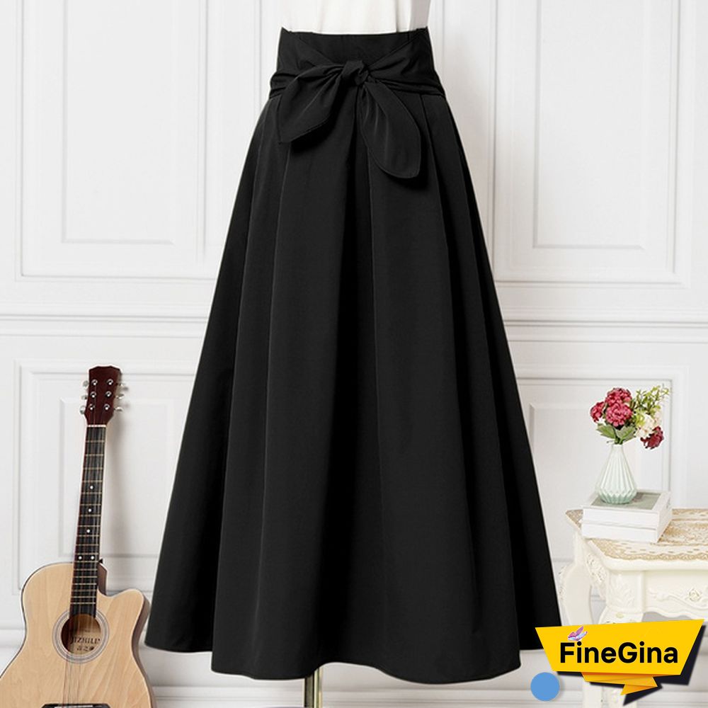 Summer Women Skirts Long Dress High Waist Bowknot Party Holiday Casual Pleated Umbrella Skirt Plus Size 4#