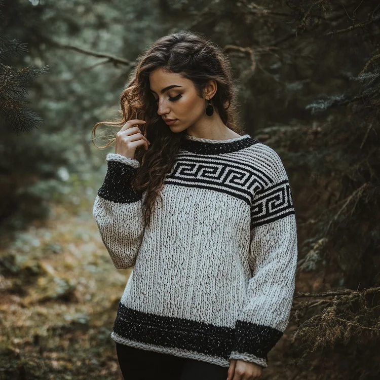 Greek Key Contrast Pattern Cozy Knit Sweater