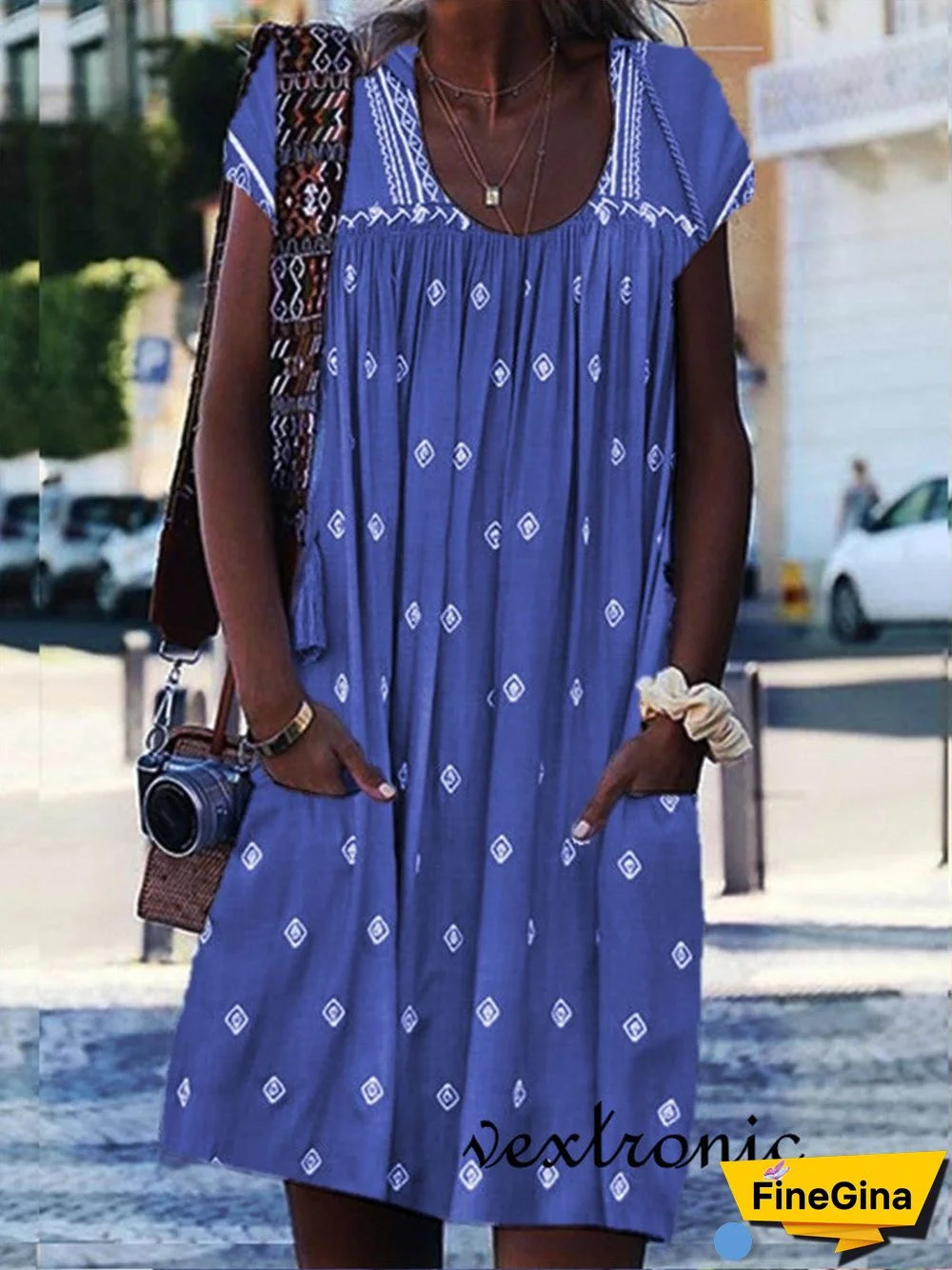 Women Short Sleeve Scoop Neck Floral Printed Midi Dress