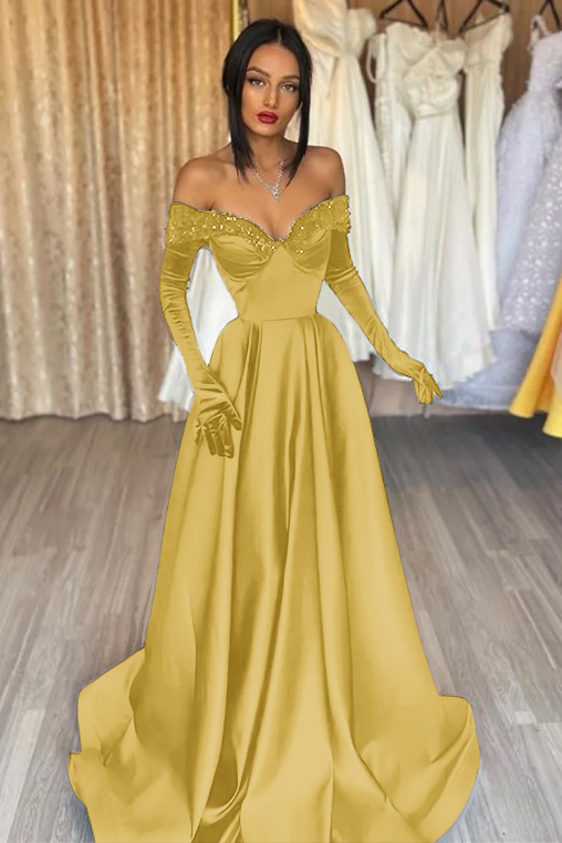 Hidais Glamorous Black Off the Shoulder Long Sleeves A Line Evening Dress with Appliques