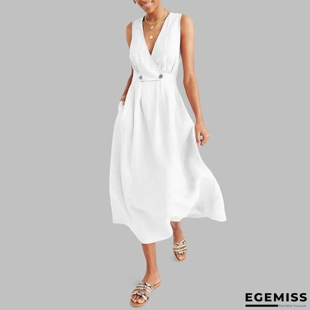 Sexy Elegant V Neck Solid Color Sleeveless Dress White Dresses | EGEMISS