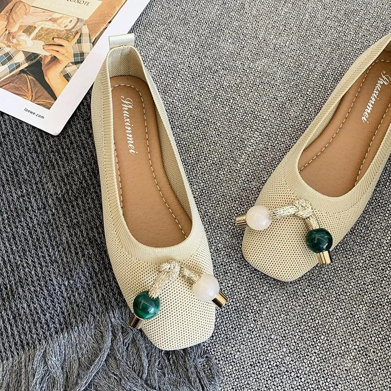 2021Women Flats Ballet Shoes Breathable Knitted Square Toe Moccasins Thick Heels Beige Yellow Flat Ballerina Shallow Female